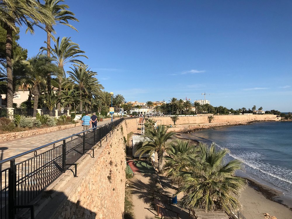 Punta Prima seafront promenade lined with palms above the cove